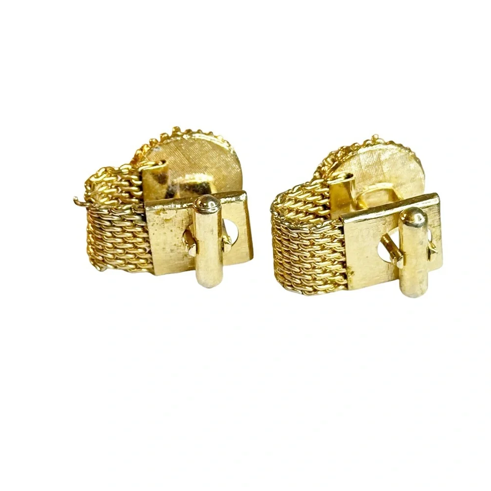 Vintage Retro Men's Gold Tone Green Rivoli Stone Chain Mesh Cuff Links